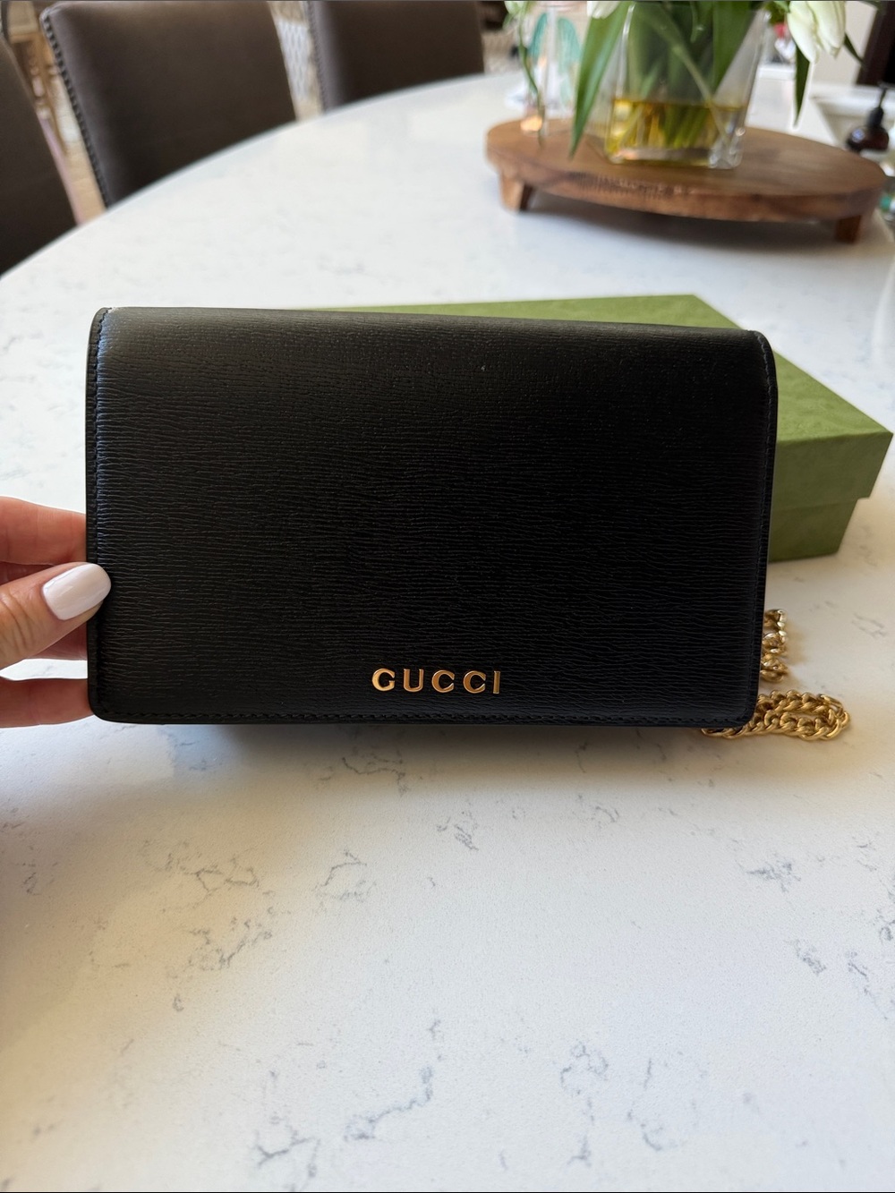 Gucci Black Leather Wallet Crossbody with Gold Logo and Chain